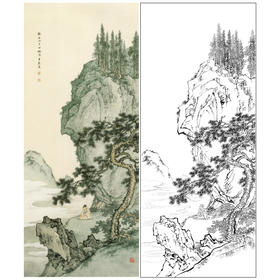 陈少梅竖幅工笔山水人物白描底稿-《夏山赏云图》-多种白描尺寸可选-CR33
