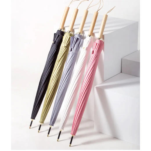 【限时折扣】FIYU文艺小清新木柄直杆晴雨伞16骨（天空/黑/茶褐/藏青/抹茶绿/烟波）/森系小清新直杆伞长柄雨伞16骨-弯柄 (卡其色/黑色/抹茶色/藏青色） 商品图3