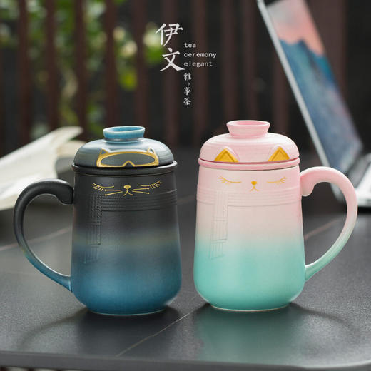 陶瓷暖猫泡茶杯创意马克杯茶杯陶瓷过滤水杯带盖情侣对杯杯子 暖猫杯 男款-渐变黑蓝E1e（言调） 商品图2
