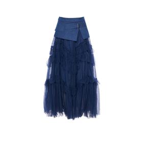 蓝色牛仔双层网纱大摆半裙