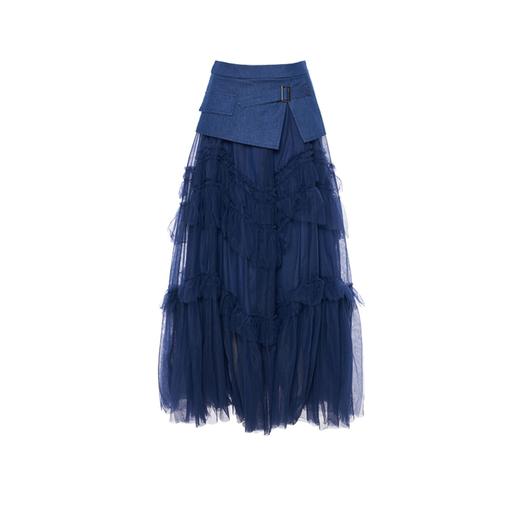 蓝色牛仔双层网纱大摆半裙 商品图0