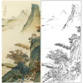 陈少梅竖幅工笔山水白描底稿《秋山江阔图》-多种白描尺寸可选-SV12