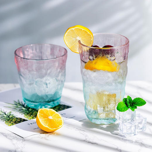 日式ins冰川杯玻璃杯家用水杯咖啡杯啤酒洋酒杯子树纹女大容量渐变果汁牛奶杯 冰粉绿（两只）矮款 商品图1