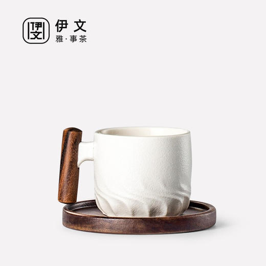 木柄防烫品茗杯功夫茶杯陶瓷主人杯单杯家用茶盏杯垫套装茶道杯 清风木柄品杯（白）+胡桃木杯垫 商品图0