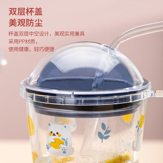 玻璃水杯带盖春夏季ins小清新印花送对象咖啡杯牛奶杯果汁饮料杯可爱吸管杯透明简约 可爱喵470ml单只礼盒装 商品图2