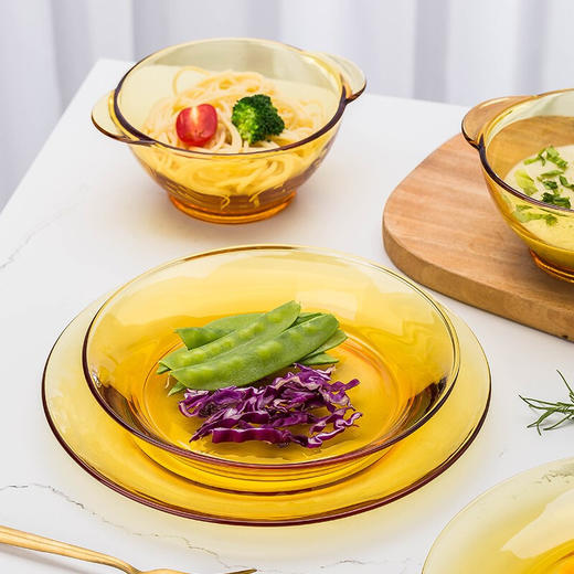 莹润餐具 法式琥珀色耐热玻璃餐具家用耐高温防爆碗盘碟泡面碗透明水果沙拉碗礼盒装 A-YR002/L8 琥珀色 商品图2