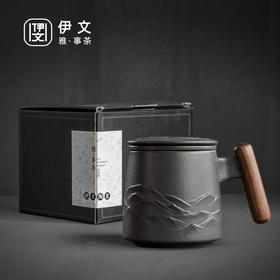 陶瓷过滤茶杯个人办公泡茶杯子家用带盖喝茶水杯茶水分离 山川矮款过滤杯（木柄）S1d