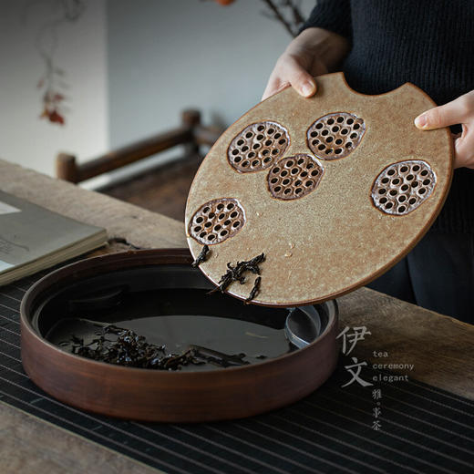 陶瓷圆形茶盘家用储水式托盘陶瓷简约茶海小型茶台干泡茶盘 炎黄莲藕圆茶盘 商品图4