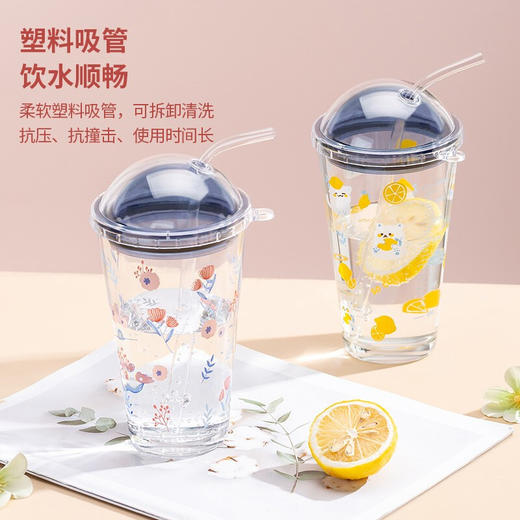 玻璃水杯带盖春夏季ins小清新印花送对象咖啡杯牛奶杯果汁饮料杯可爱吸管杯透明简约 可爱喵470ml单只礼盒装 商品图5