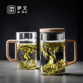 月牙过滤茶杯家用泡茶杯耐热玻璃杯带把办公室大容量 伊-【推荐】听风绿茶杯-大（带盖）P2c（言调）