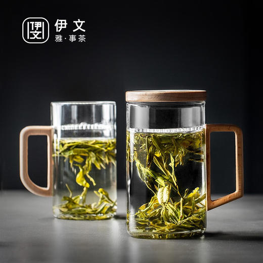 月牙过滤茶杯家用泡茶杯耐热玻璃杯带把办公室大容量 伊-【推荐】听风绿茶杯-大（带盖）P2c（言调） 商品图0