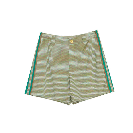 谜底2022夏季新款复古休闲简约撞色拼接醋酸高腰短裤女222MK0731 商品图4