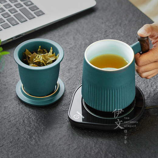 陶瓷过滤茶杯泡茶马杯带盖办公室水杯简约喝茶杯子茶水分离 浮生泡茶杯（黧黑）+恒温垫 商品图4