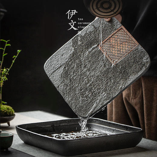 陶瓷乌金石茶盘家用轻奢简约沥水盘石头茶台功夫干泡茶托盘 沉香乌金石茶盘-浪花（二）K3c（英调） 商品图3