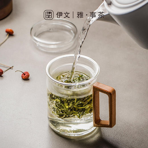 过滤茶杯泡茶杯耐热玻璃杯带把办公室花茶杯透明杯子茶水分离 伊-清灵阔底泡茶杯-榉木盖P1f（言调） 商品图4