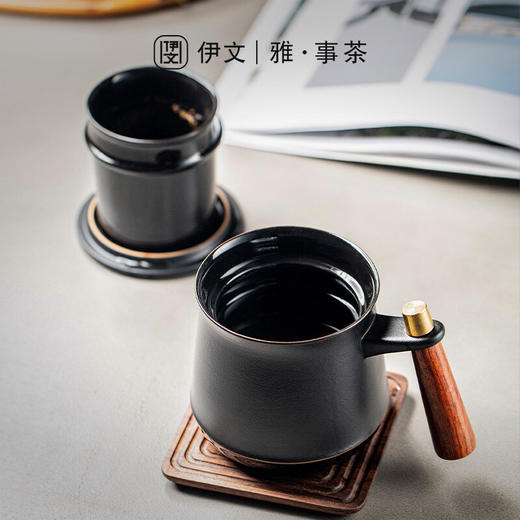 陶瓷办公室会议杯描金茶水分离泡茶杯防烫带盖大容量家用喝水杯子 尚贤泡茶杯（黑）VN29 商品图6