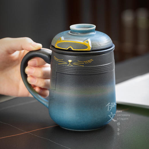 陶瓷暖猫泡茶杯创意马克杯茶杯陶瓷过滤水杯带盖情侣对杯杯子 暖猫杯 男款-渐变黑蓝E1e（言调） 商品图4