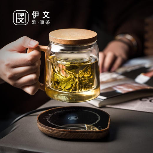 玻璃茶杯耐热茶水分离泡茶杯55度恒*用带盖高颜值杯子套装 伊-清灵（透明）大肚泡茶杯榉木+逗号恒温垫（木纹） 商品图0