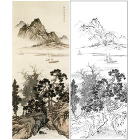 陈少梅竖幅山水白描底稿-《江阔帆影》-多种白描尺寸可选-CR36