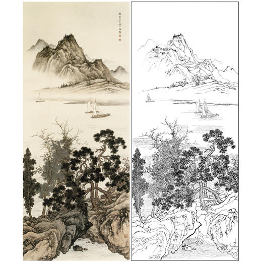 陈少梅竖幅山水白描底稿-《江阔帆影》-多种白描尺寸可选-CR36 商品图0
