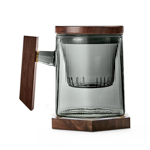 玻璃泡茶杯办公室男士大容量耐热茶水分离杯日式茶杯 伊-正六杯（宿青）-方把胡桃木+杯垫 商品图3