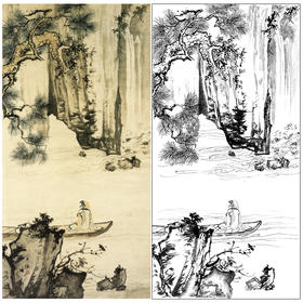 陈少梅竖幅工笔山水人物松树高士白描底稿-《观瀑图》-多种白描尺寸可选-CR42