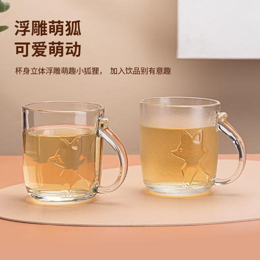 萌狐ins风玻璃牛奶杯带把水杯礼盒装情侣对杯酸奶杯喝水浮雕小狐狸玻璃杯麦片杯 透明萌狐杯两只装+樱花勺两只 商品图2