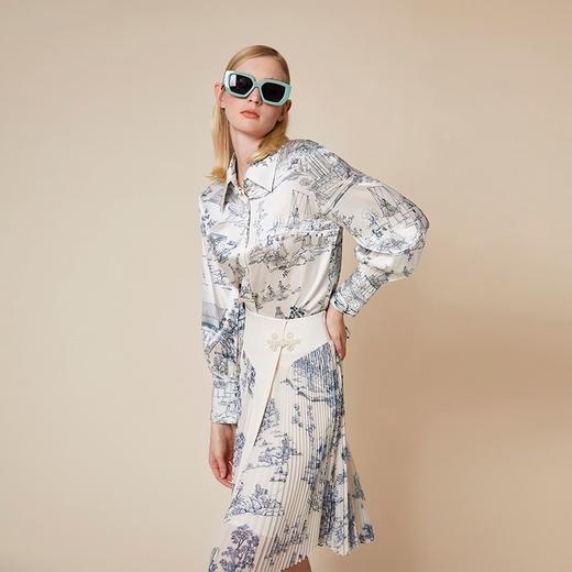 雍正十二月行乐图印花白色真丝缎衬衣 商品图2