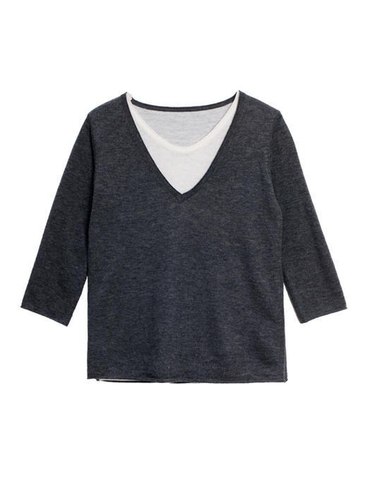 2022新款羊绒混纺16针单股稀针据假两件七分袖V领套头衫 商品图4