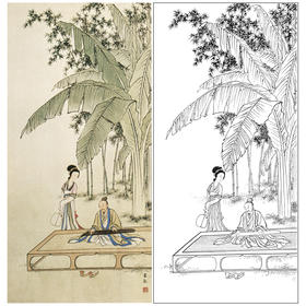 陈少梅竖幅工笔传统人物白描底稿-《蕉下听琴》-多种白描尺寸可选-CR20