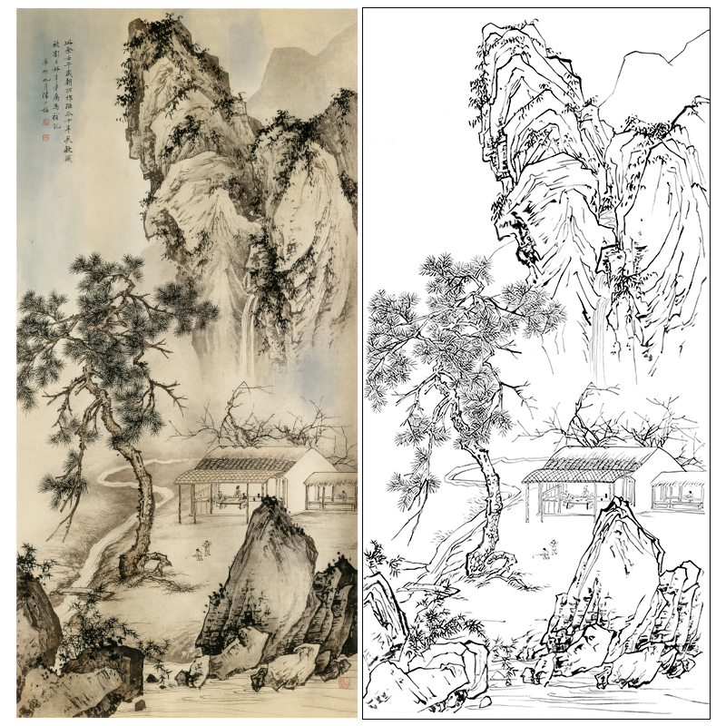 白描底稿-陈少梅竖幅工笔山水人物-《岁朝图》-多种白描尺寸可选-SV16