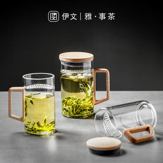 月牙过滤茶杯家用泡茶杯耐热玻璃杯带把办公室大容量 伊-【推荐】听风绿茶杯-大（带盖）P2c（言调） 商品图4
