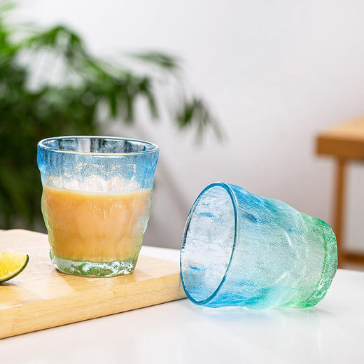 日式ins冰川杯玻璃杯家用水杯咖啡杯啤酒洋酒杯子树纹女大容量渐变果汁牛奶杯 冰粉绿（两只）矮款 商品图7