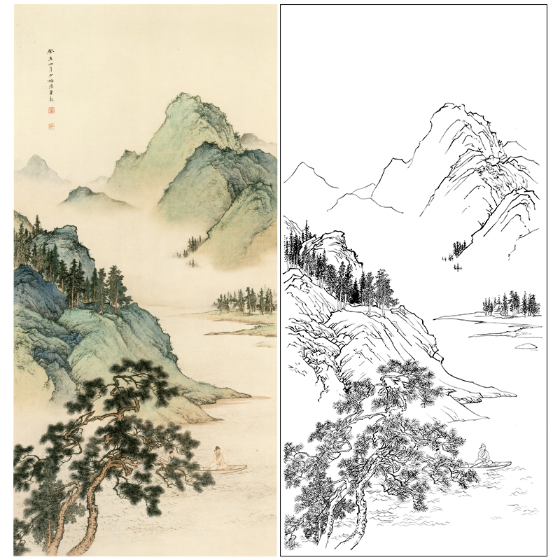 白描底稿-陈少梅竖幅工笔山水人物-《松溪放棹》-多种白描尺寸可选-SV13