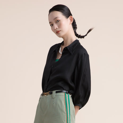 谜底衬衫女2022夏季新款高端舒适质感铜氨丝钉珠上衣女222GC0584 商品图1