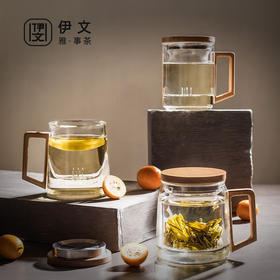 陶瓷 耐热玻璃茶杯带盖办公室过滤泡茶杯茶水分离男士杯子日式 伊-清灵（透明）阔底泡茶杯-榉木