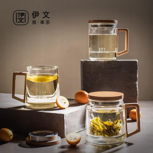 陶瓷 耐热玻璃茶杯带盖办公室过滤泡茶杯茶水分离男士杯子日式 伊-清灵（透明）阔底泡茶杯-榉木 商品图0