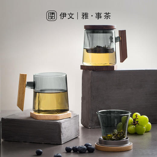 玻璃泡茶杯办公室男士大容量耐热茶水分离杯日式茶杯 伊-正六杯（宿青）-方把胡桃木+杯垫 商品图2