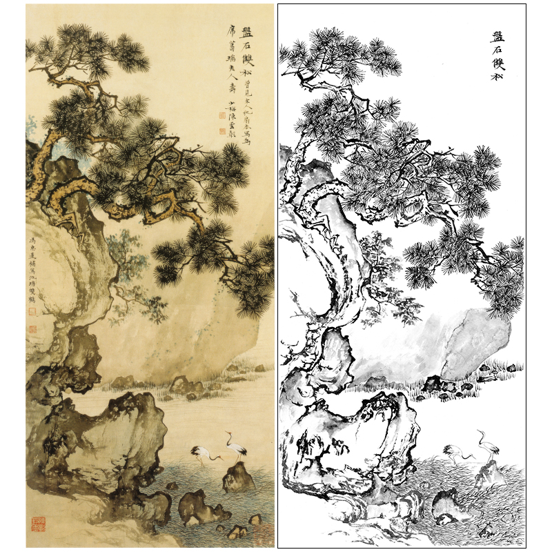 陈少梅竖幅工笔山水白描底稿-《松石双鹤图》-多种白描尺寸可选-LQ41
