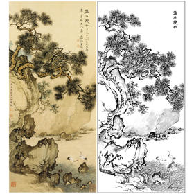 陈少梅竖幅工笔山水白描底稿-《松石双鹤图》-多种白描尺寸可选-LQ41