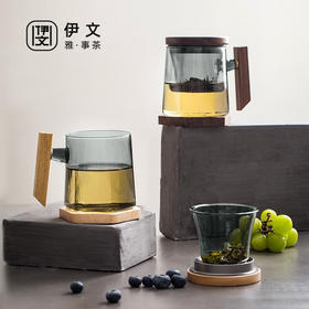 玻璃泡茶杯办公室男士大容量耐热茶水分离杯日式茶杯 伊-正六杯（宿青）-方把胡桃木+杯垫