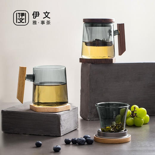 玻璃泡茶杯办公室男士大容量耐热茶水分离杯日式茶杯 伊-正六杯（宿青）-方把胡桃木+杯垫 商品图0