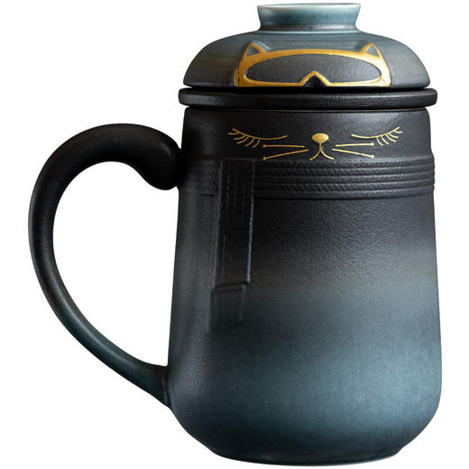 陶瓷暖猫泡茶杯创意马克杯茶杯陶瓷过滤水杯带盖情侣对杯杯子 暖猫杯 男款-渐变黑蓝E1e（言调） 商品图6