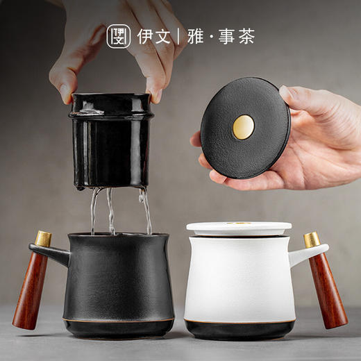 陶瓷办公室会议杯描金茶水分离泡茶杯防烫带盖大容量家用喝水杯子 尚贤泡茶杯（黑）VN29 商品图2