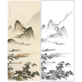 陈少梅竖幅工笔山水白描底稿-《山远江阔》-多种白描尺寸可选-CR40
