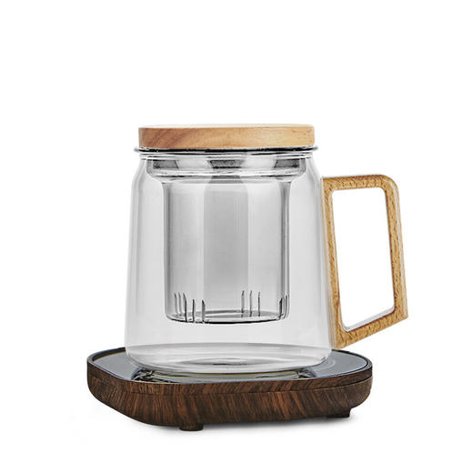 玻璃茶杯耐热茶水分离泡茶杯55度恒*用带盖高颜值杯子套装 伊-清灵（透明）大肚泡茶杯榉木+逗号恒温垫（木纹） 商品图3