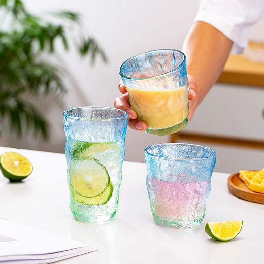 日式ins冰川杯玻璃杯家用水杯咖啡杯啤酒洋酒杯子树纹女大容量渐变果汁牛奶杯 冰粉绿（两只）矮款 商品图8