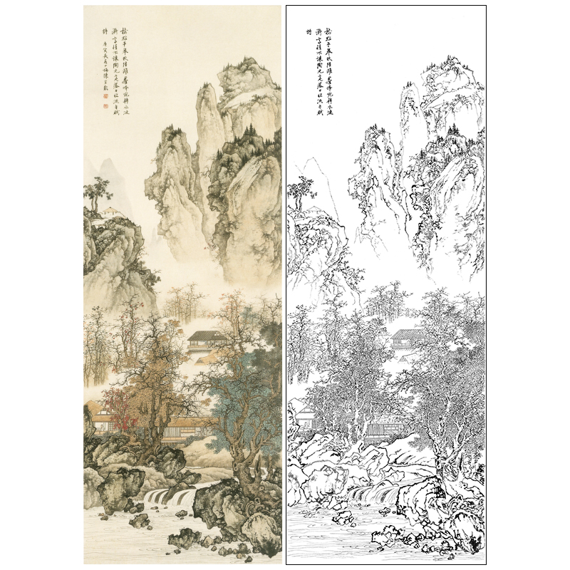 竖幅工笔山水白描底稿-陈少梅-《山河勤读图》-多种白描尺寸可选-LQ39
