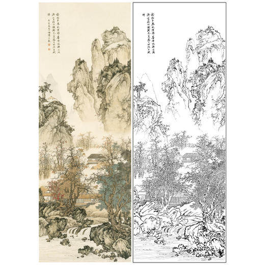 竖幅工笔山水白描底稿-陈少梅-《山河勤读图》-多种白描尺寸可选-LQ39 商品图0