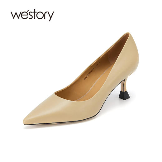 westory气质尖头裸色高跟鞋细跟通勤单鞋真皮浅口尖头通勤女鞋S22AE54301 商品图0